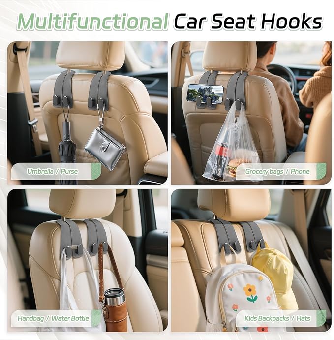 Car Seat Headrest Hooks - 2 Pack Universal Car Purse Hook, Leather Car Bag Purse Holder with Double Metal Hooks for Handbags, Grocery Bags, Bottles, Phones
