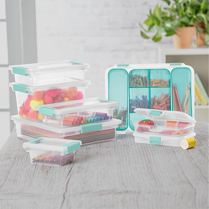 Sterilite Medium Clip Box Stackable Storage Bin with Latching Lid for Home, Office, School, Organize Paper, Notebooks, Crafts, Clear Lid, Base, 1-Pack