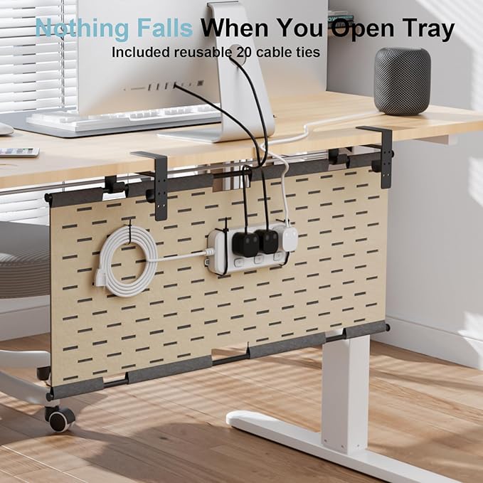 2-in-1 Under Desk Cable Management Tray & Privacy Panel, Dual-Sided Felt Cord Organizer to Hide Wires and Clutter, Desk Mount Cord Holder for Office and Home, Clamp or Screw Mount (Gray/Khaki, 30")
