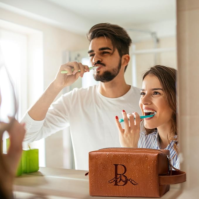 Personalized Gifts Travel Toiletry Bag for Men Engraved Initial PU Leather Waterproof Shaving Bag for Toiletries Accessories Fathers Day Birthday Gift for Men Dad Husband Son, Light Brown D