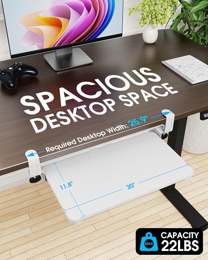 Small Keyboard Tray Under Desk, Pull Out Keyboard & Mouse Tray with Adjustable C-clamp, 20(25.9 Including Clamps) x 11.8 Inch Slide Out Computer Keyboard Drawer Mouse Tray for Typing, White