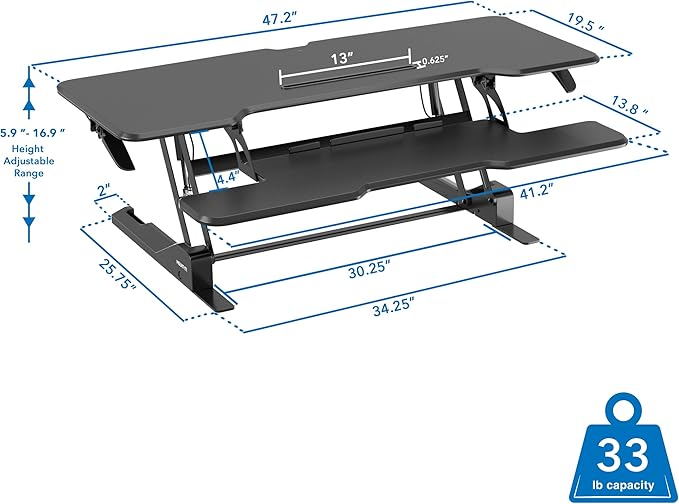 Mount-It! 47" Standing Desk Converter, XL Desktop Sit-Stand Desk Riser with Gas Spring Height Adjustment, Wide Desk Topper for Dual Monitors or Monitor & Laptop, Keyboard Tray, Black