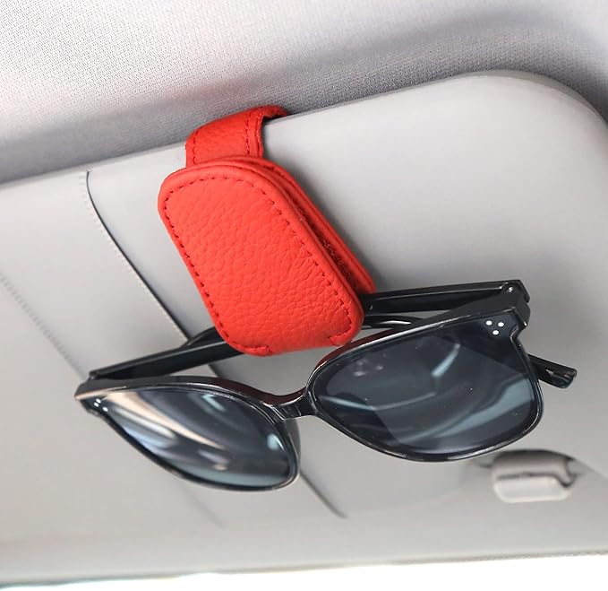 KIWEN Sunglasses Holders for Car Visor, Magnetic Leather Glasses Eyeglass Clip for Car, Ticket Card Clip Sunglasses Mount, Car Visor Accessories Gadgets (1, Red)
