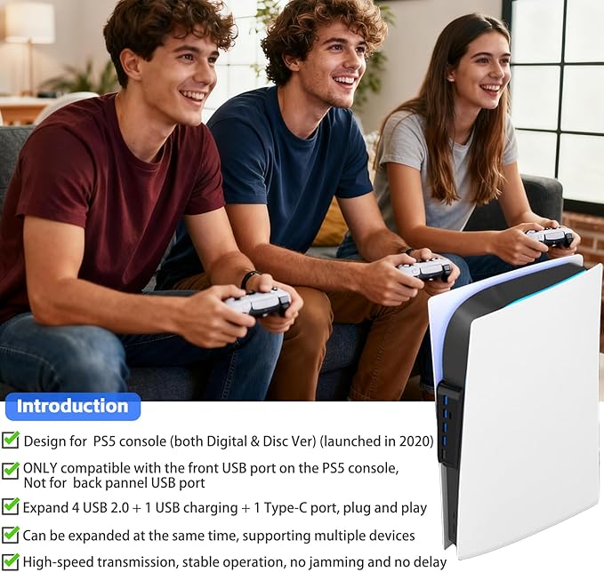 Megadream 6 Port USB Hub for PS5 Accessories, High-Speed Expansion Hub Charger Splitter Adapter with 4 USB-A 2.0 + 1 Charging Port + 1 Type C Port, Compatible with PlayStation 5 Console Front Jacks