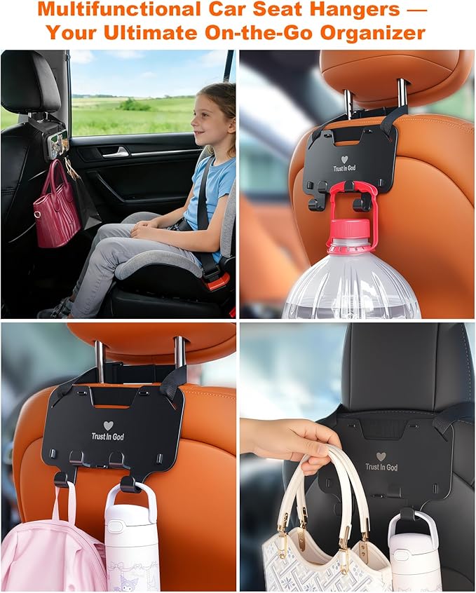 Adjustable Car Seat Headrest Hooks, Universal Fit for All Headrest Styles, Purse Hook with Phone Holder, Car Purse Hooks for Bags, Multifunctional Car Organizers and Storage