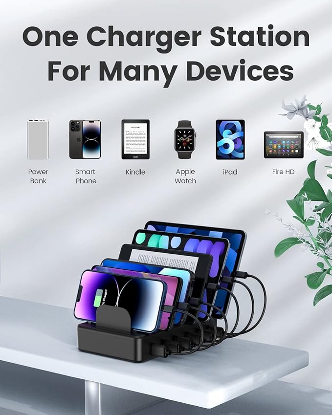 CREATIVE DESIGN 50W 6 Ports Multi Charger Station with 6 Charging Cables, USB Charging Dock for Multiple Devices, Compatible with Cellphone iPad Kindle Tablet and Other Electronic Devices