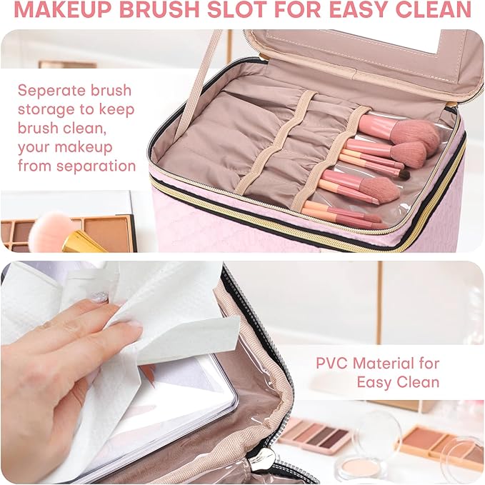HXLGMD Double Layer Travel Makeup Bag Women, Cosmetic Organizer Case, Travel Essentials Accessories with Shoulder Strap for Bottles, Brushes, Conditioner, Skin Care Products, Pink