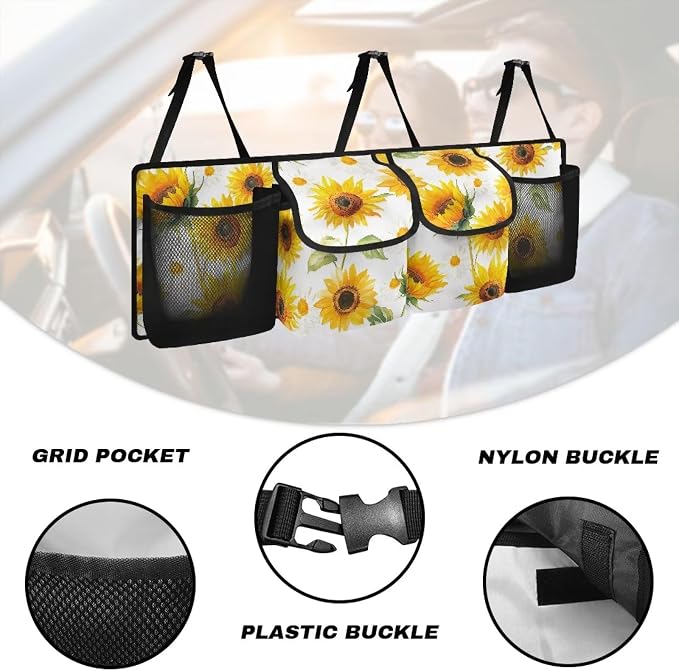 Sunflower Hanging Trunk Organizer for SUV Back Seat Organizer with Elastic Net Collapsible Cargo Storage Bag Car Interior Accessories