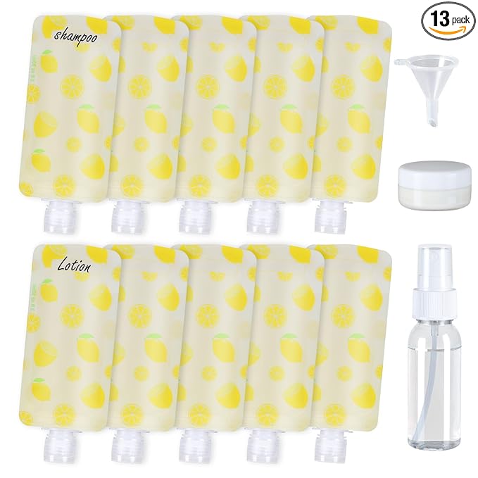 PACKISM 13 Pack Travel Pouches for Toiletries, 3 oz TSA Approved Liquid Containers, Leak Proof Squeeze Bags for Cruise & Camping, Space Saving Refillable Carriers, Brilliant Yellow Lemon