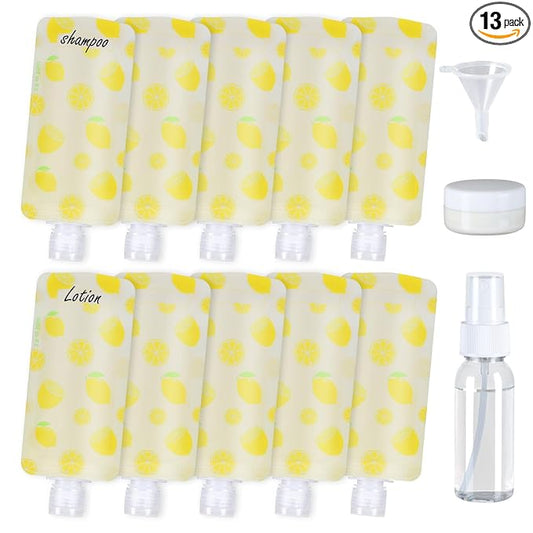PACKISM 13 Pack Travel Pouches for Toiletries, 3 oz TSA Approved Liquid Containers, Leak Proof Squeeze Bags for Cruise & Camping, Space Saving Refillable Carriers, Brilliant Yellow Lemon