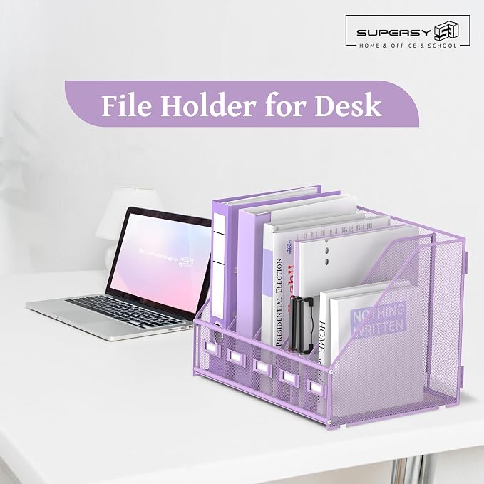 SUPEASY Desk Organizers Metal Desk Magazine File Holder with 5 Vertical Compartments Rack File Organizer for Office Desktop, Classroom, Home Workspace, Purple Plus