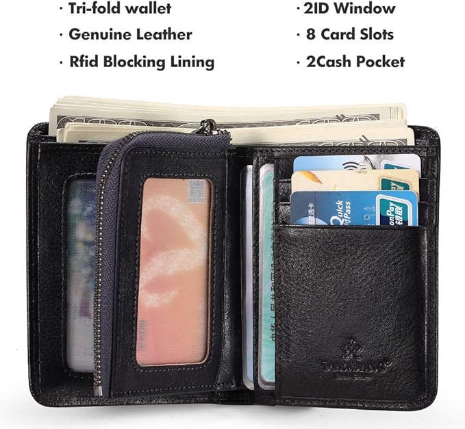 MANBANG Mens Wallet Zipper Genuine Leather RFID Card Holders Cowhide Zip Coin Pocket Bifold wallets for men