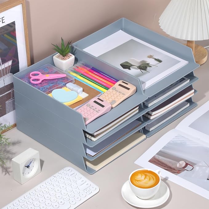 Wenqik 8 Pcs Stackable Paper Trays Rectangular Plastic Desk Holder Desktop Document File Organizer Storage Letter for Office Classroom (Gray)