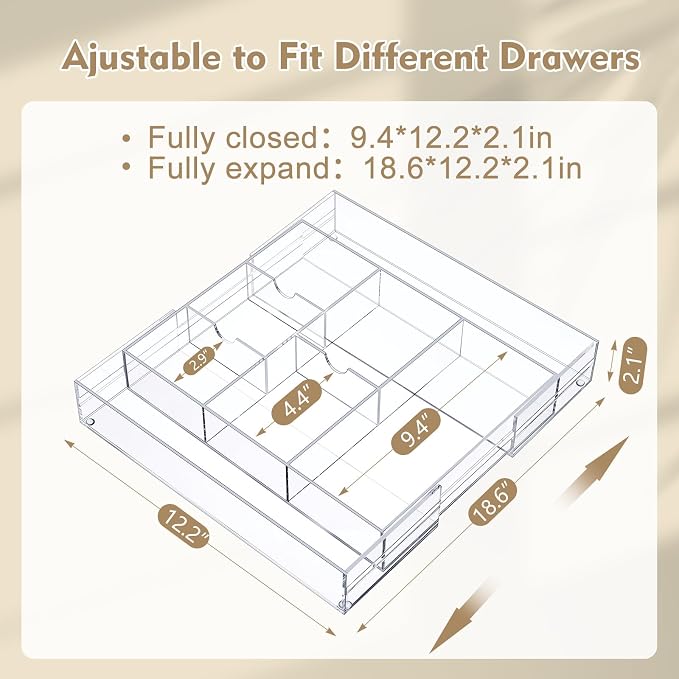 Briwooody 2 Pcs Acrylic Desk Drawer Organizer Maximum 12 x 18 x 2.1 Inch Expandable Drawer Organizer Trays with 8 Adjustable Compartments Desk Accessories for Makeup Silverware Office Bathroom
