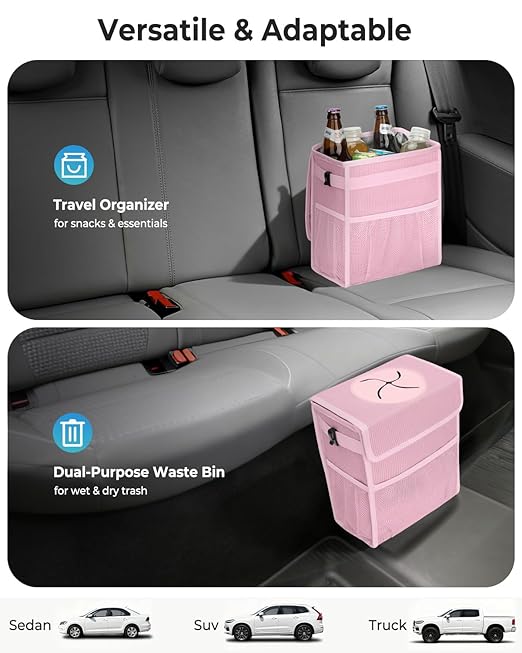Corduroy Car Trash Can with Lid and Mesh Pockets - Leakproof Organizer,Multipurpose Waterproof Garbage Can/Trash Bin for Car(Light Pink-3 Gallons)