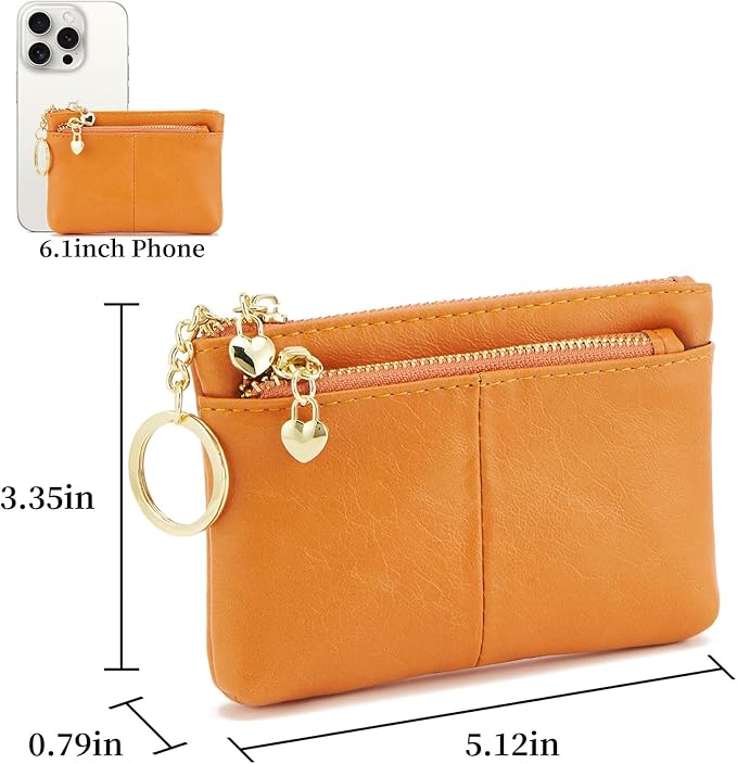 ZOOEASS Women PU Leather Zip Mini Coin Purse With Key Ring Triple Zipper Card Holder Wallet (Orange)