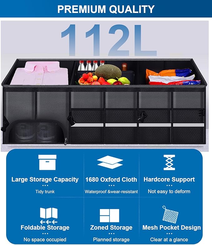 BAG WIZARD Large Trunk Organizer for Car, SUV, Truck with Removable Cooler Bag, Collapsible Multi Compartments/Foldable Cover, 112L, Black