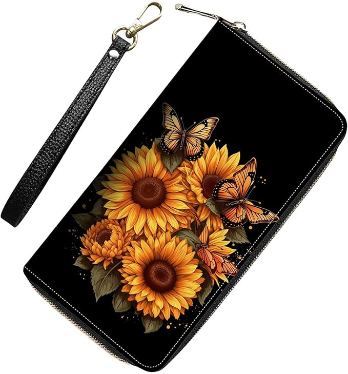 Womens Wallet,RFID Blocking Large Capacity Clutch,Zip Around Leather Purse with 8 Card Slots,Bill Compartments Coin Pocket - Sunflowers Butterfly