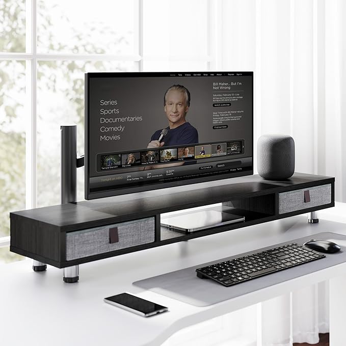 Fenge Monitor Stand, Dual Monitor Stand with 2 Drawers, Monitor Riser for 2 Monitors, Adjustable Height Computer Stand, Office Monitor Stands for Desk, Laptop, PC, TV, Printer