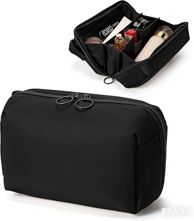Fabric Cosmetic Bag with Multi-Compartments - Machine Washable Makeup Organizer, Water-Resistant Travel Toiletry Pouch, Lightweight Portable Beauty Bag for Purse Black