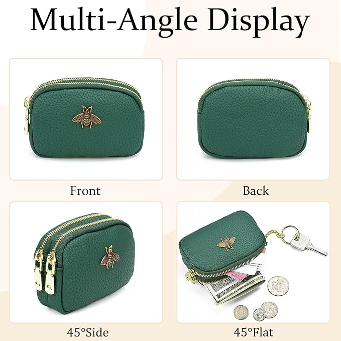 WOZEAH Leather Coin Purse for Women Small 2 Zipper Change Wallet with Key Ring Card Key Coin Cash Holder Pouch(Green)