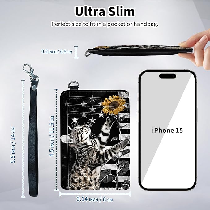 Slim Minimalist Front Pocket Wallet,Credit Card Holder Wallet for Women Men,RFID Blocking Credit Card Holder Case Leather Cute Small Thin Wallet ID Window&Wrist Strap,Flag Cat Sunflower