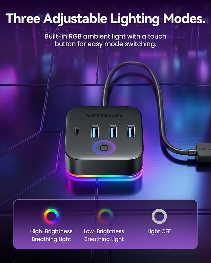 VENTION 5 Port USB Hub with RGB Light,5Gbps USB A Splitter with USB 3.2 Gen 1×Type-C,USB A 3.0×3 Data Ports and 1×5V/2A Power Port for Laptop/MacBook/Keyboard,0.5M