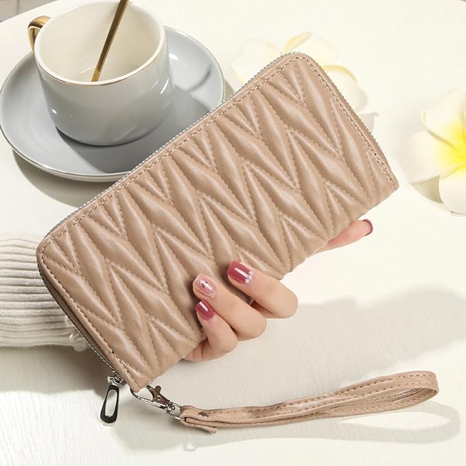 Women's Zip Wristlet Wallet - Large Capacity RFID Blocking Clutch Purse Quilted Soft Vegan Leather Travel Organizer