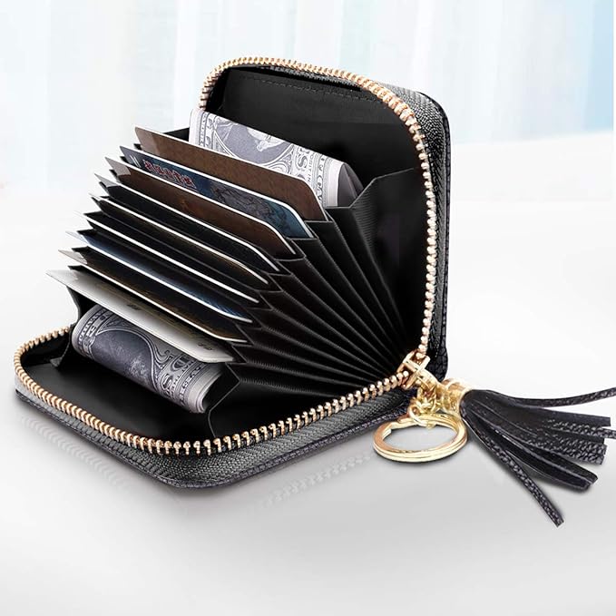 Coco Rossi Leather Credit Card Wallet for Women, RFID Blocking Zipper Cards Holder with Tassels-Black