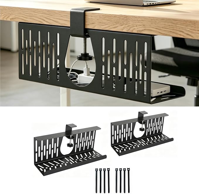 Under Desk Cable Management Tray, Cord Organizer for Desk Cable Management Tray Under Desk with Clamp for Home Office, Standing Desk(1Pack，Black)