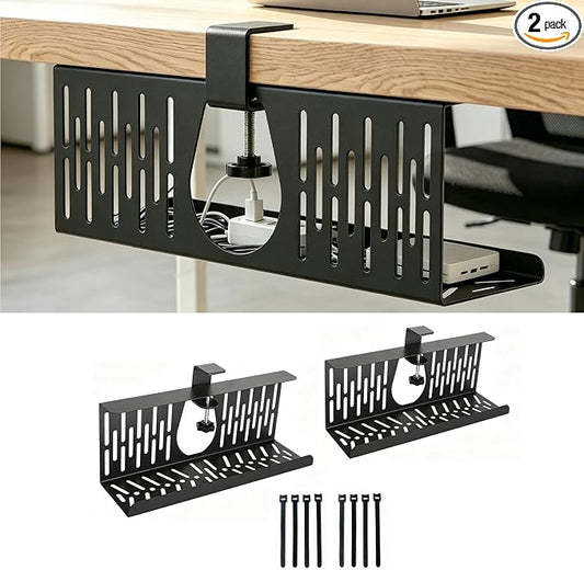 Under Desk Cable Management Tray, Cord Organizer for Desk Cable Management Tray Under Desk with Clamp for Home Office, Standing Desk (2Pack Black)