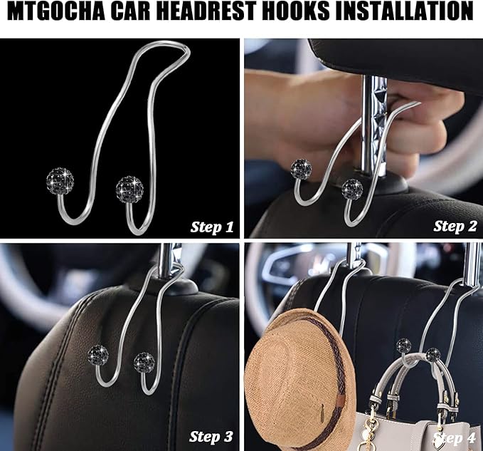MTGOCHA Bling Purse Hook for Car Headrest, Upgraded Cute Car Seat Hooks for Bag Handbag, Durable Stainless Auto Purse Hanger Holder 2 Pack, Black