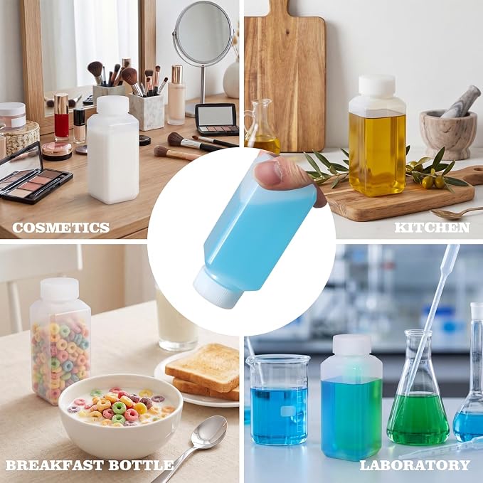 DEMORA 4oz Small Square Plastic Travel Bottles, Reusable Leak Proof Liquid Containers with Caps and Stickers for Pill, Water, Juice (Translucent, 8 Pcs)