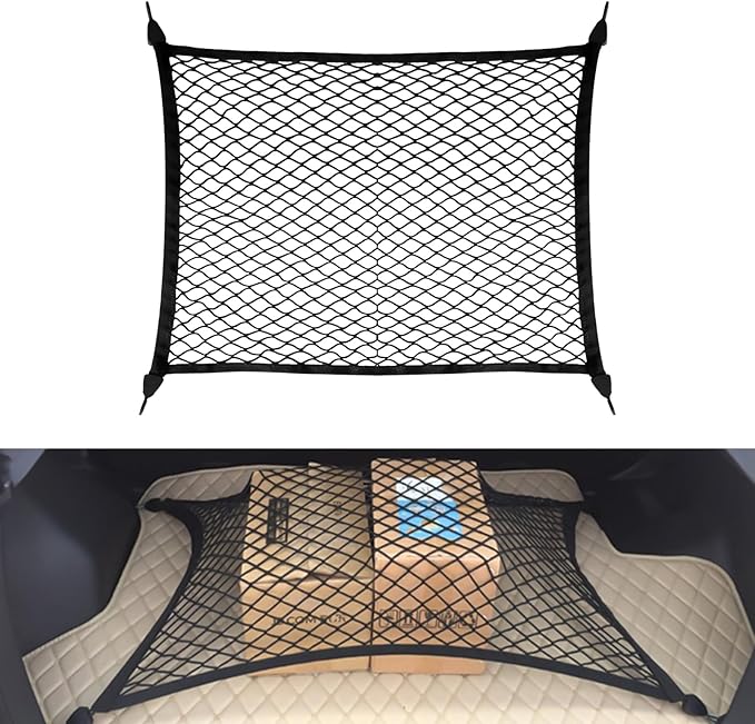 Elastic Cargo Net for SUV Trucks, Ceiling Cargo Net, Adjustable Trunk Mesh Net Organizer 32" X 24" Stretch to 63"X43" with Hooks, Universal Car Rear Trunk Bed Netting Storage Accessories（Black）