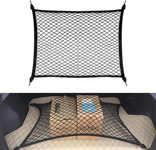 Elastic Cargo Net for SUV Trucks, Ceiling Cargo Net, Adjustable Trunk Mesh Net Organizer 32" X 24" Stretch to 63"X43" with Hooks, Universal Car Rear Trunk Bed Netting Storage Accessories（Black）