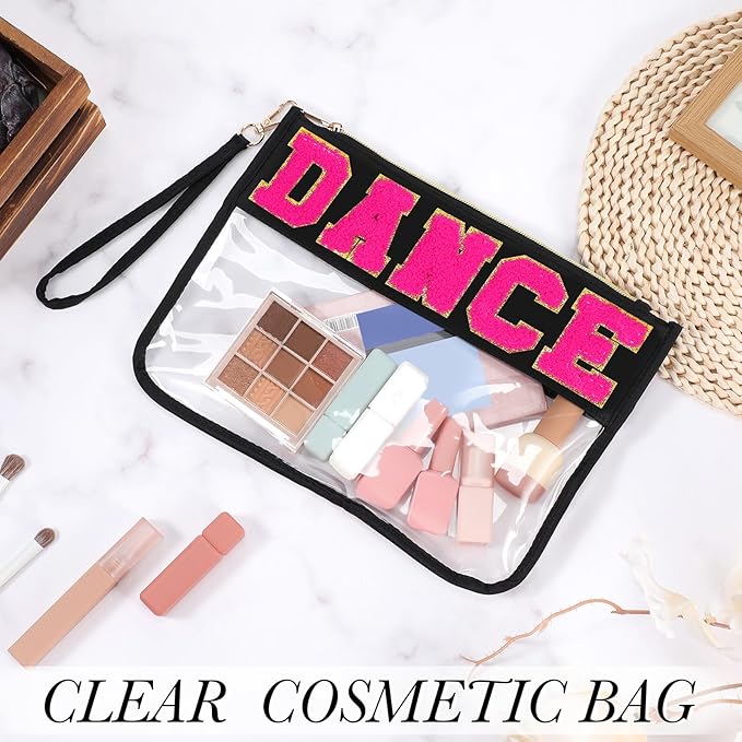 Abbylike 12 Pcs Snack Bags Chenille Letter Dance Zipper Pouch Waterproof PVC Large Travel Makeup Cosmetic Storage Organizer for Mom Team Cheerleaders Teacher (Black)