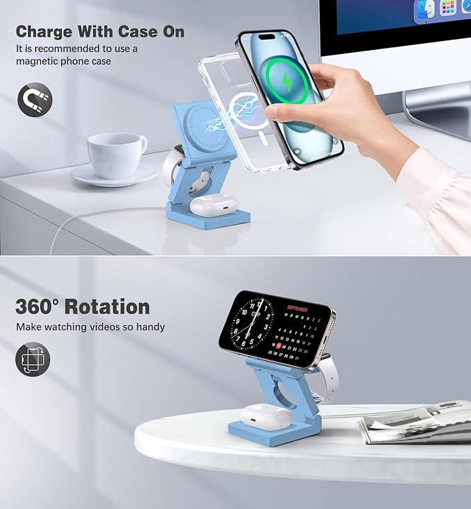 3 in 1 Wireless Charging Station for Apple Multple Devices - Foldable Magnetic Wireless Charger Dock -Travel 18W Charging Pad for iPhone 16 15 14 13 12 Pro/Pro Max/Plus/Watch & Airpods All Series Blue