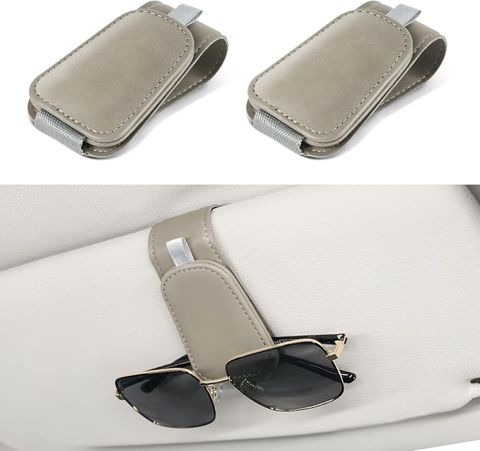 SINGARO 2Pack Sunglass Holder for Car Visor Sunglasses Holder Clip, Universal Non-Slip Magnetic Leather Glasses Eyeglasses Hanger Mounter, Truck Interior Car Visor Accessories for Woman Man, Gray