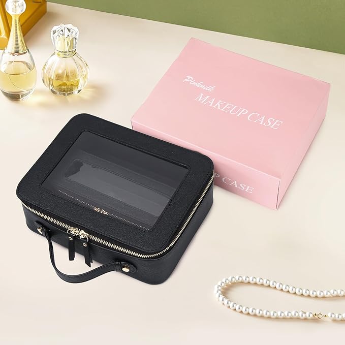 Pinkmik Travel Clear Makeup Bag with Brush Bag Portable Cosmetic Bag Case Transparent Toiletry Bag Cosmetic Organizer Storage Bag for Women (Black, L+SLIM)