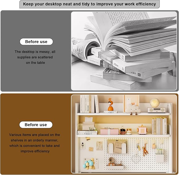 Clamp on Desk Shelf with Pegboard, Black Desktop Bookshelf Organizer Storage Shelves for Home Office Dorm Gaming Desk, Space Saving Tabletop Display Rack Organization (White, 31.4in)