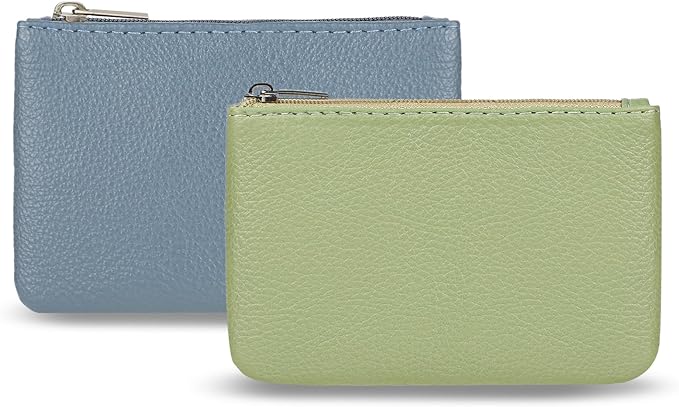 2 Pack Portable PU Leather Mini Coin Purse with Zipper for Women - Credit Card, Folded Bills, ID, Key, Headset, Lipstick (Blue & Green)