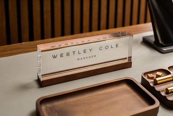 MUUJEE Wooden Desk Organization 5 Piece Set with Name Block - Personalized Acrylic Name Plaque with Wood Base and Desk Accessories Work Professional Office Gift Teacher Dad Organizer