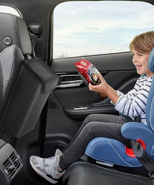 Tsumbay Car Trash Can with Lid, Leather Garbage Can, Leakproof and Removable Interior Liner, Multipurpose Hanging Garbage Bin with Quick Access Magnetic Opening, Trash Bin for Car (2 Gallon/7.5L)