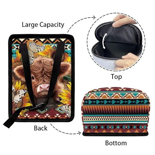 Biyejit Aztec Tribal Cow Leak-Proof Travel Car Trash Bag, Large Capacity Hanging Car Trash Can with Velcro Lid, Multipurpose Trash Bin with Storage Pockets for SUV Truck RV Camping
