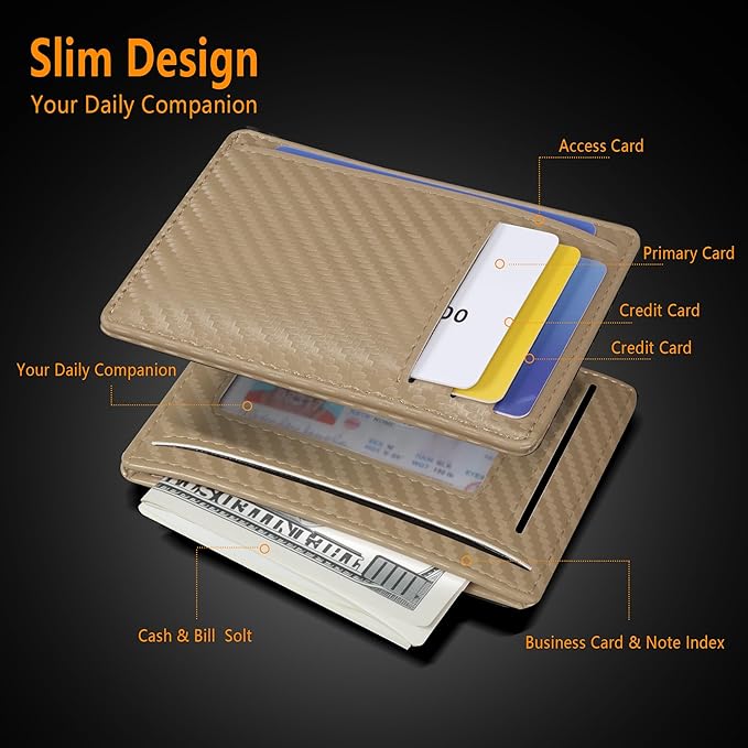 Travelambo Front Pocket Minimalist Leather Slim Wallet RFID Blocking Carbon Fiber Texture