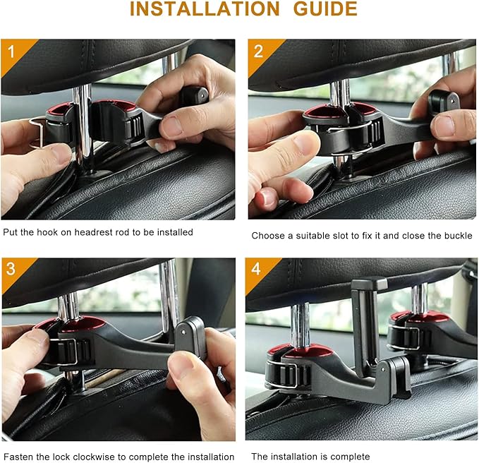 Car Headrest Hook with Phone Holder, Universal 360 Rotation Headrest Hooks for Purses and Bags (Red)