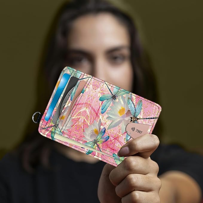 Small Travel Wallets, Pink Dragonfly Slim Minimalist Front Pocket Wallet with Wristlet, RFID Blocking PU Leather Credit Card Holder with ID Window Change Purse for Men Women