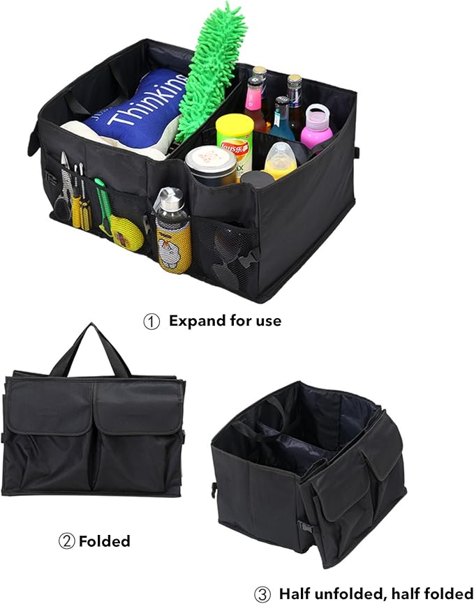Trunk Organizer for Car - 52L Large Capacity Collapsible Multi Compartments Storage Organizer, Portable Car Storage Box for most Cars/Suv, Black