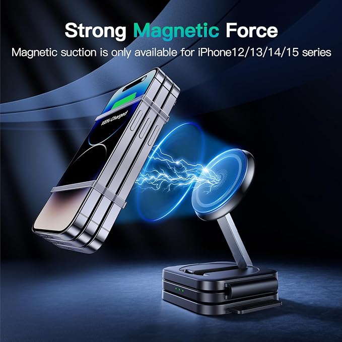 JARGO 3 in 1 Wireless Charging Station for Apple Devices, Foldable iPhone Charging Station for iPhone 17/16/15/14/13/12, Apple Watch & AirPods with Magsafe (Magnetic Black)