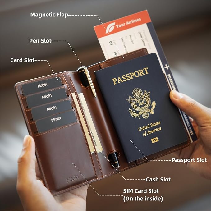 Luxury RFID Blocking Genuine Leather Passport Holder Passport Wallet for Travel (Brown AirTag Slot)